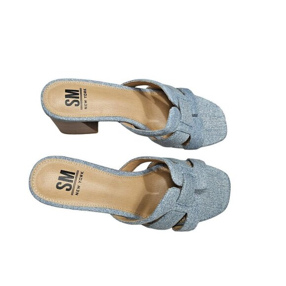 SM New York NWB Ina Denim Block Heel Sandals Open Toe Slip-On‎ Neutral Shoes - Picture 2 of 14